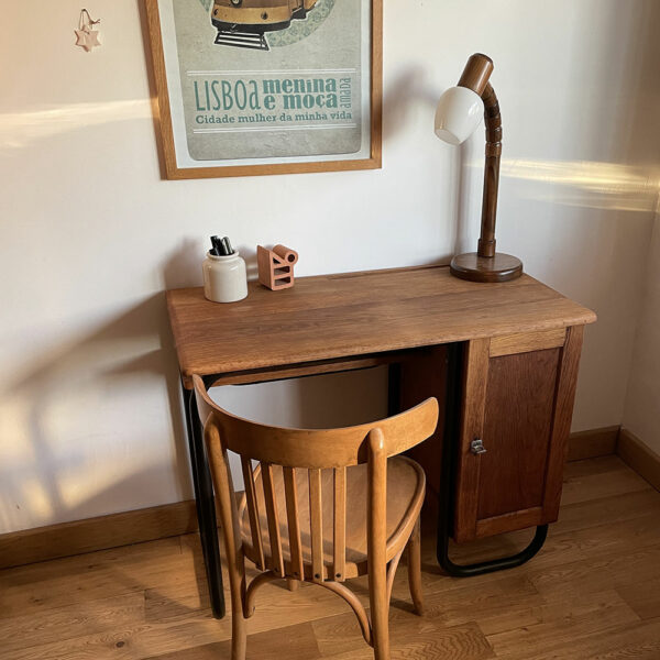 petit bureau vintage Jacques Hitier structure tubulaire et plateau en chêne